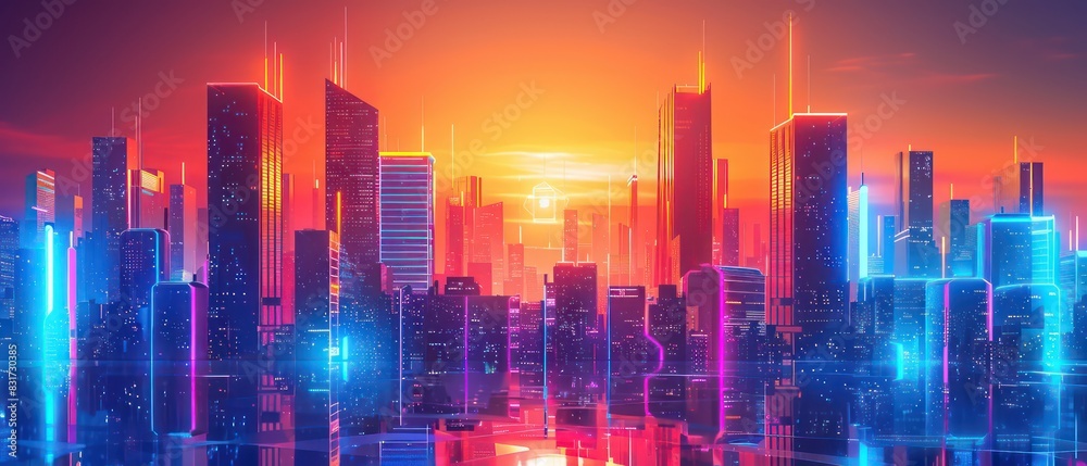 high tech and futuristic low angle illustration of a urban cityscape with modern architecture, amazing perspective and neon light effects