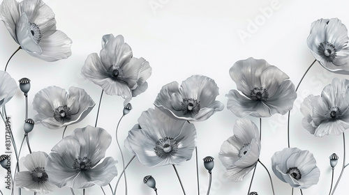 Subtle and elegant grey-silver poppies on a white background for luxury decor, photo