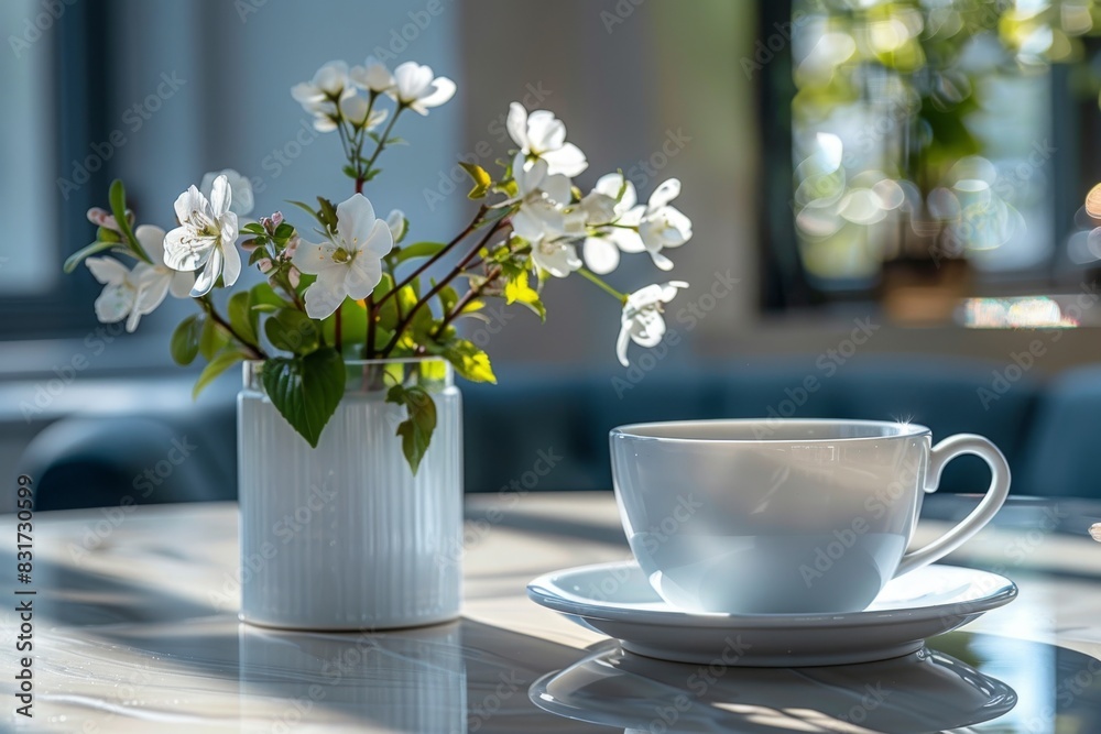 Serene Morning Coffee and Blossoms in Soft Light Serene Morning Coffee and Blossoms in Soft Light