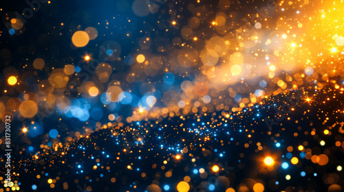 Festive dark blue and shiny golden background with golden particles, tiny flashes and bokeh. Christmas and New Year blurred background.