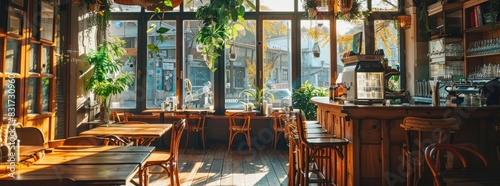cozy and inviting restaurant interior with wooden tables, chairs, and leather sofas arranged in an open space
