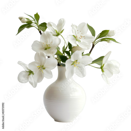 Vase with beautiful white flowers, white background