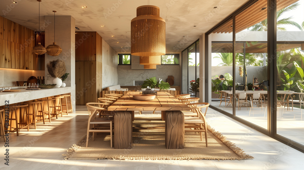Large kitchen table made out of wood. Spacious and modern dining style. Large kitchen table made out of wood. Spacious and modern dining style.