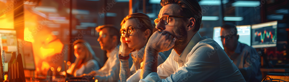 Financial Stress: Employees Reacting to Sudden Stock Loss High Resolution Image Illustrating Panic and Urgency in Office Environment Financial Stress: Employees Reacting to Sudden Stock Loss High Resolution Image Illustrating Panic and Urgency in Office Environment