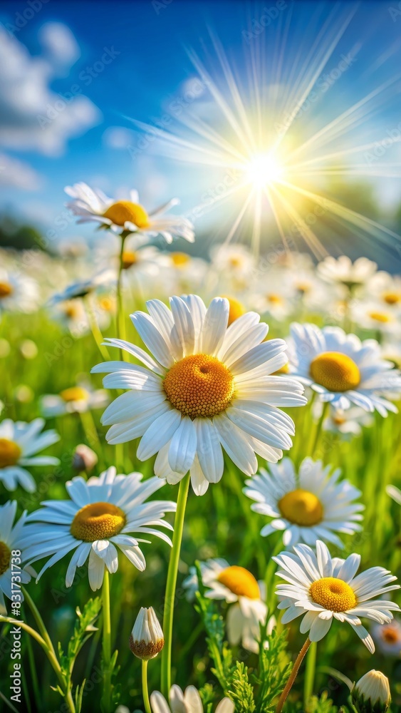 A field of white daisies with the sun shining on them A field of white daisies with the sun shining on them