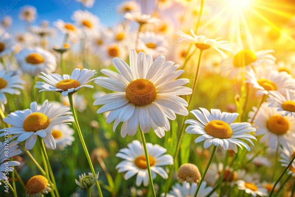 A field of white daisies with the sun shining on them