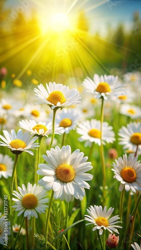 A field of white daisies with the sun shining on them