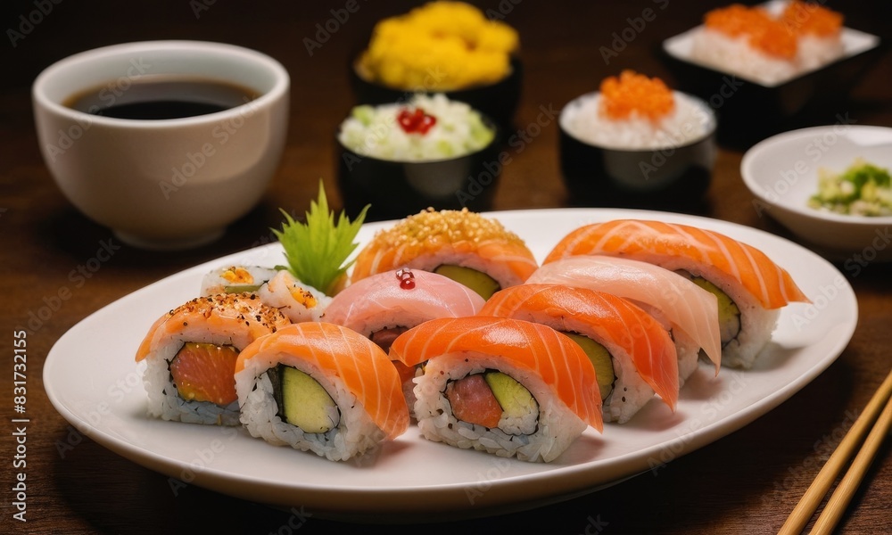 A plate of sushi with a variety of different types of sushi rolls A plate of sushi with a variety of different types of sushi rolls