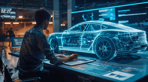 Car designer working on halographic projection of a prototype automobile. photo