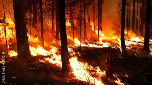 A wildfire burning through a forest, highlighting the increased frequency and intensity of wildfires due to global warming