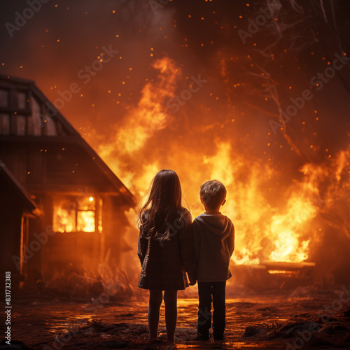 a boy and a girl holding each other's hands look at a burning house, the flames of the fire rise into the night sky
