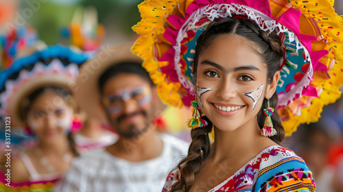 Festive Hispanic Heritage Month Parade: Family Celebrating with Community Pride High Resolution Image