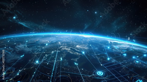 Connection lines around the Earth's surface, future technology backdrop with circles and lines. Internet, social media, travel, or logistical concepts
