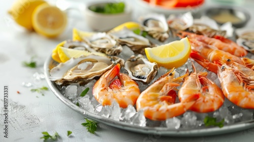 A vibrant seafood platter with shrimp  oysters  and lemon wedges  crushed ice  bright background  natural light  fresh and lively atmosphere  high-definition photography Sony A7 III 50mm lens f 2.8