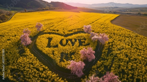 Field of yellow flowers is shaped into heart with the word 'love' written inside. photo