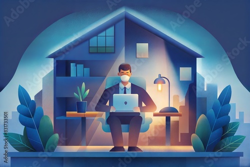 man working at home, laptop, vector illustration