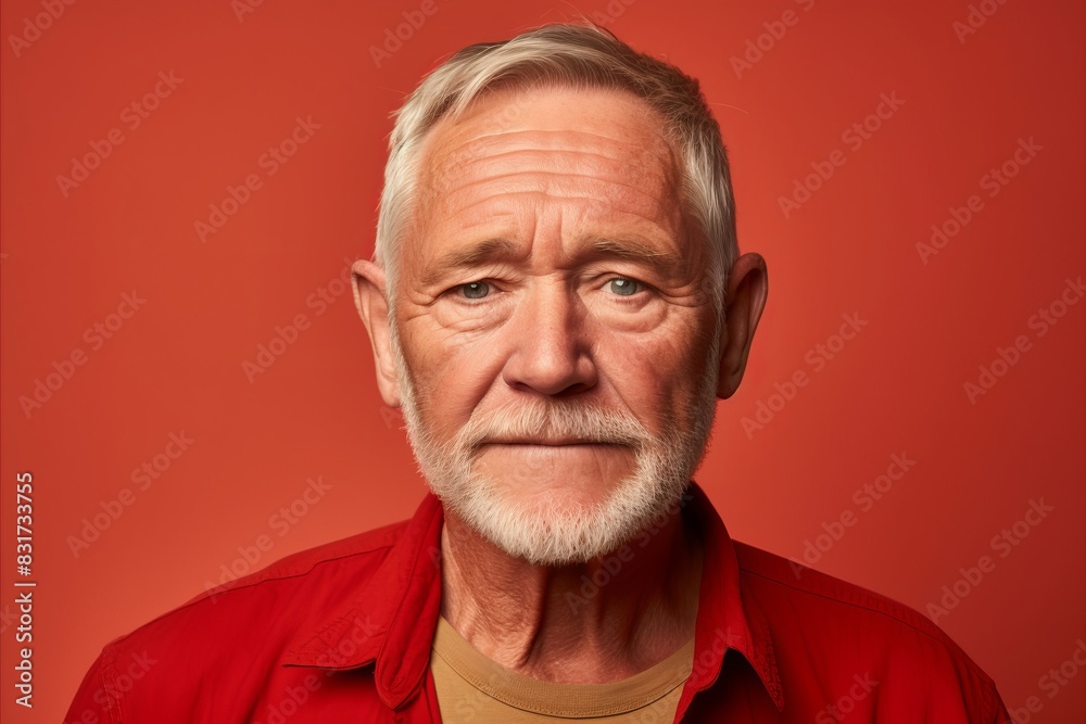Portrait of an elderly man on a red background. Studio shot. Portrait of an elderly man on a red background. Studio shot.