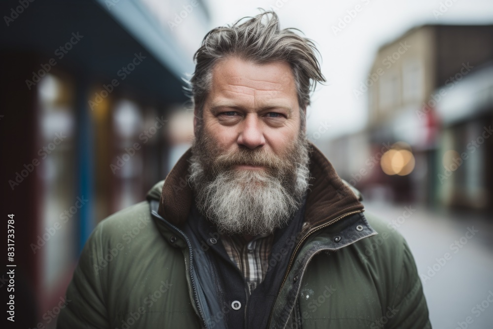 Portrait of a handsome bearded man with long gray beard and mustache in the streets of the city Portrait of a handsome bearded man with long gray beard and mustache in the streets of the city