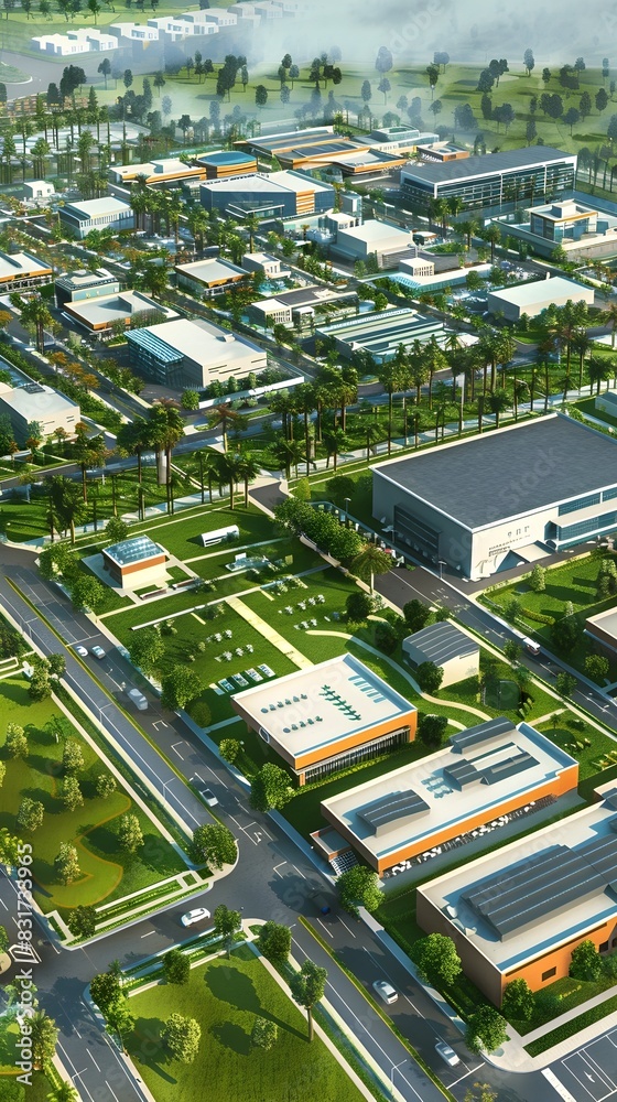 Fototapeta premium Aerial View of Sprawling Biotechnology Research Park with Multiple Facilities