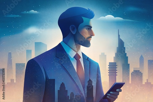 businessman with smartphone on city background