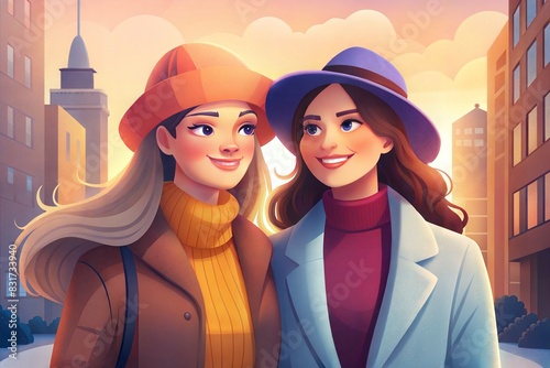happy women and friends walking in the city. autumn and fall season. vector illustration