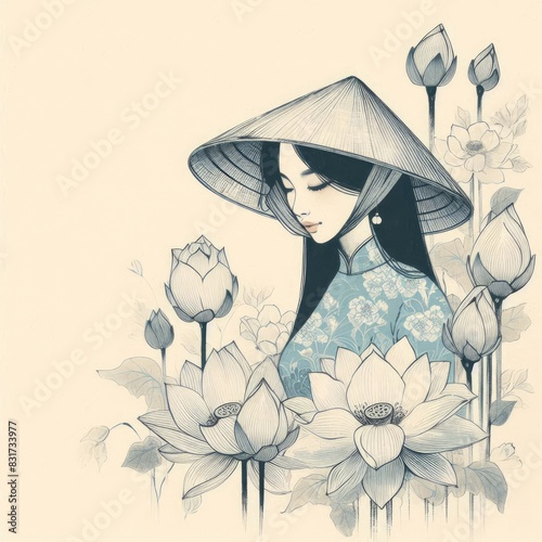 Vietnamese beauty elegant Figure Amidst a Floral Fantasy with Generative AI.F photo