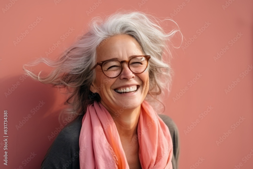 Portrait of a happy senior woman with glasses smiling against a pink background Portrait of a happy senior woman with glasses smiling against a pink background