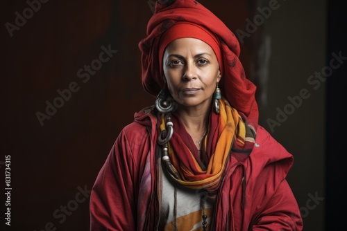 Portrait of an Indian woman in a red turban and scarf