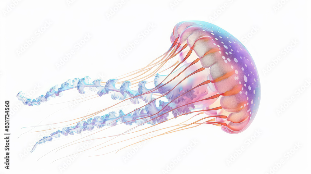 A jellyfish with soft color gradients is isolated on a white background.