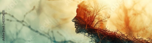 Abstract surreal artwork depicting a human face merged with nature elements, creating a dreamlike and ethereal atmosphere. photo