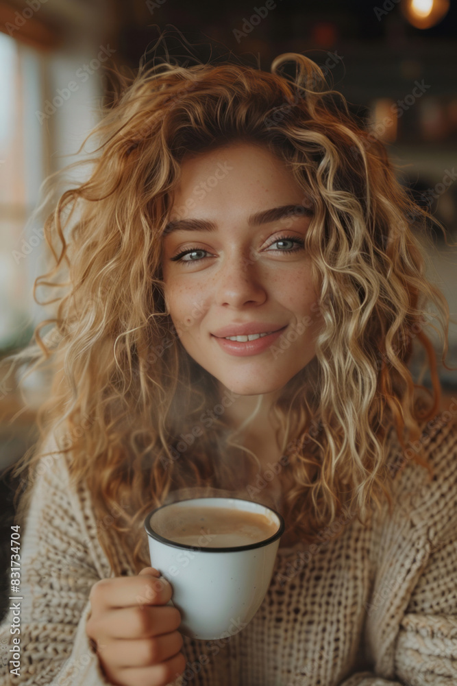 custom made wallpaper toronto digitalA beautiful curly-haired woman enjoys her morning coffee, smiling lovingly at the steam rising from the cup.