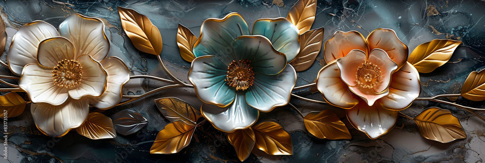 three panel wall art, marble background with golden and silver Teal Flower Plants designs, wall decoration three panel wall art, marble background with golden and silver Teal Flower Plants designs, wall decoration