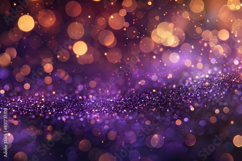 A blurred background of purple and gold lights creates a bokeh effect, showcasing a closeup of sparkling, glittering light particles on an abstract dark brown backdrop. photo