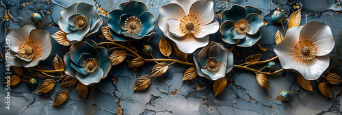 three panel wall art, marble background with golden and silver Teal Flower Plants designs, wall decoration photo
