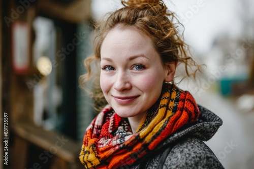 Portrait of a beautiful girl with red hair in a warm scarf