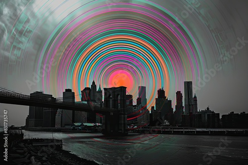 Rainbow circle radius graphic on monocolor of cityscape of skyscrapers, high buildings. street, sea, and bay on cloudy sky.