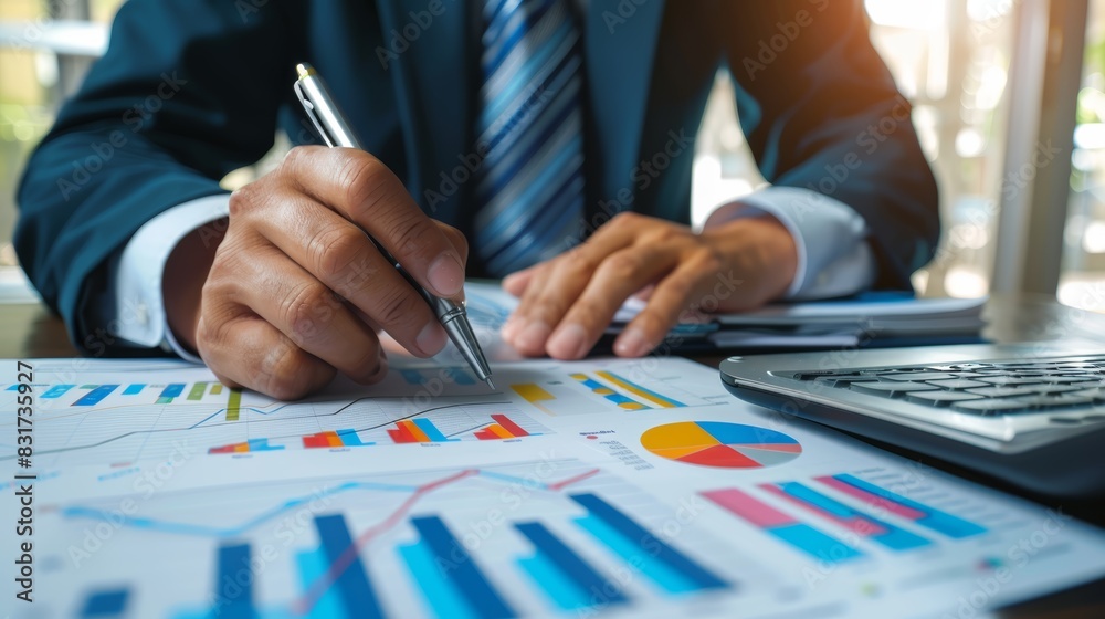 Businessman analyzing financial data and charts, working on a laptop, focusing on business growth and financial planning in an office setting. Businessman analyzing financial data and charts, working on a laptop, focusing on business growth and financial planning in an office setting.