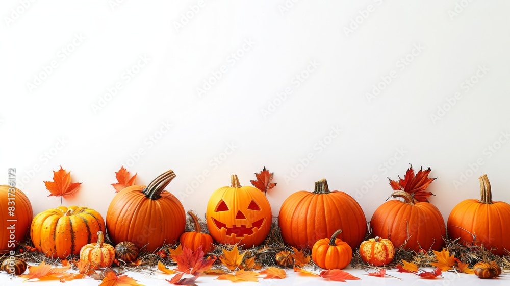 Halloween Themed Pumpkin Arrangement With Autumn Leaves On Hay Halloween Themed Pumpkin Arrangement With Autumn Leaves On Hay