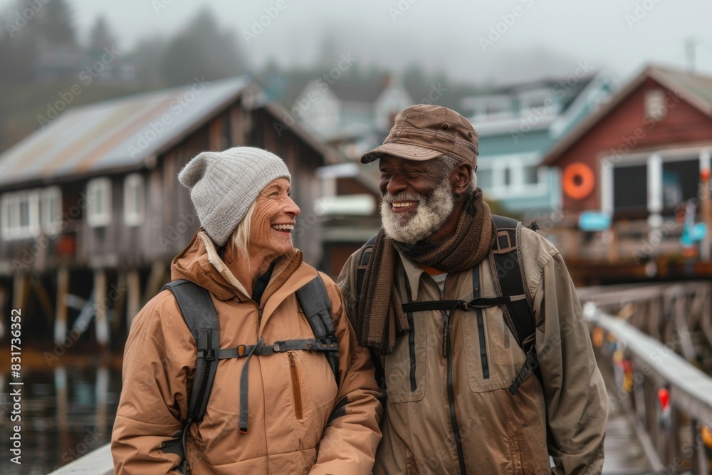Fototapeta premium Title Elderly Interracial Couple Enjoying a Scenic Alaskan Village on a Misty Day During a Cultural Cruise Experience