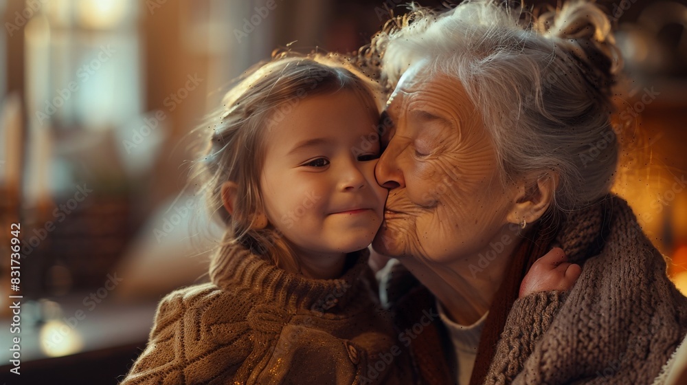 Tender Moment Between Grandmother and Grandchild: a young grandchild giving a loving kiss on the grandmother's cheek.warmth and affectionate atmosphere Tender Moment Between Grandmother and Grandchild: a young grandchild giving a loving kiss on the grandmother's cheek.warmth and affectionate atmosphere
