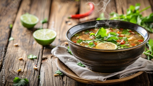A steaming bowl of traditional Thai Tom Yum soup garnished with fresh cilantro and lime slices on a rustic wooden table photo