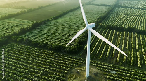 A wind farm integrated with agricultural land, demonstrating the coexistence of renewable energy and farming