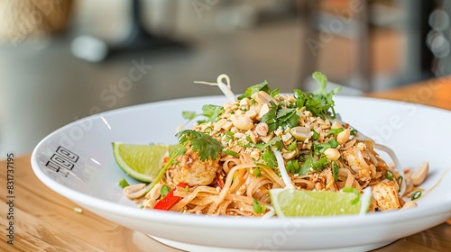 A delicious pad Thai dish topped with peanuts, lime wedges, and fresh herbs, presented on a white ceramic plate