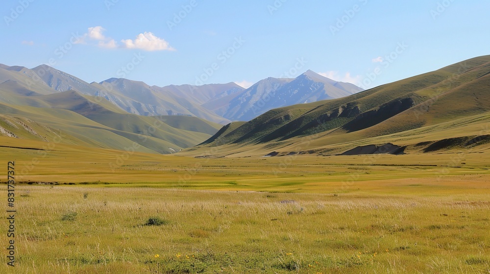 Ethnic Kazakhnomad Altaibuljin Landscape with Traditional Yurt and Rolling Hills, Authentic Central Asian Nomadic Culture
