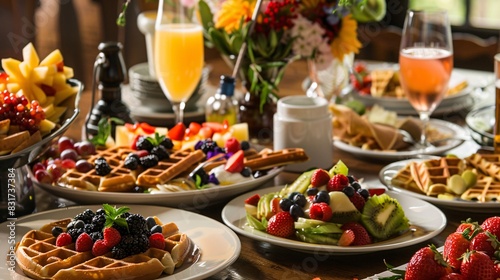 An inviting scene of a brunch table with a variety of American-style dishes, including waffles, fresh fruit, and mimosas photo