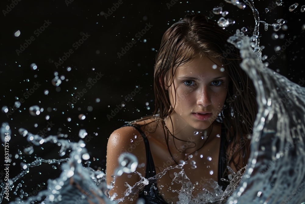 Obraz premium photo of a girl with splashes of water water scatters