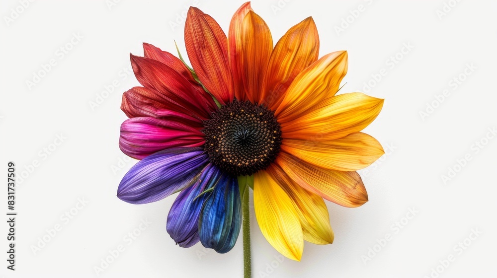 Obraz premium Vibrant 3D Multicolored Sunflower Illustration Celebrating Pride Month on White Background