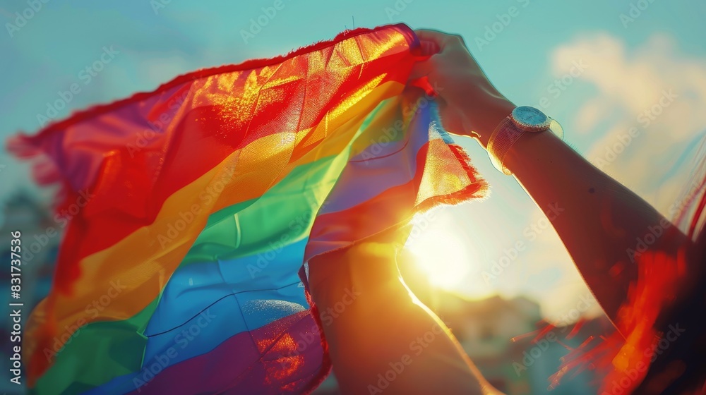 Fototapeta premium Embracing Diversity and Love: Close-up of Hands Holding LGBTQ+ Pride Flag in Ultra-Realistic 4K Resolution