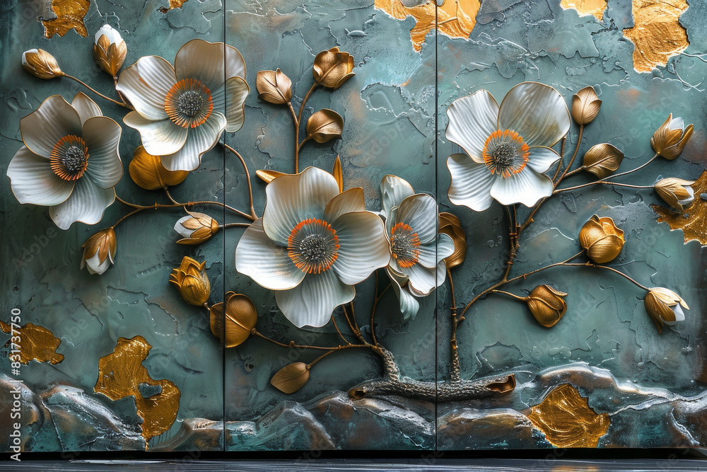 Obraz premium three panel wall art, marble background with golden and silver Teal Flower Plants designs, wall decoration