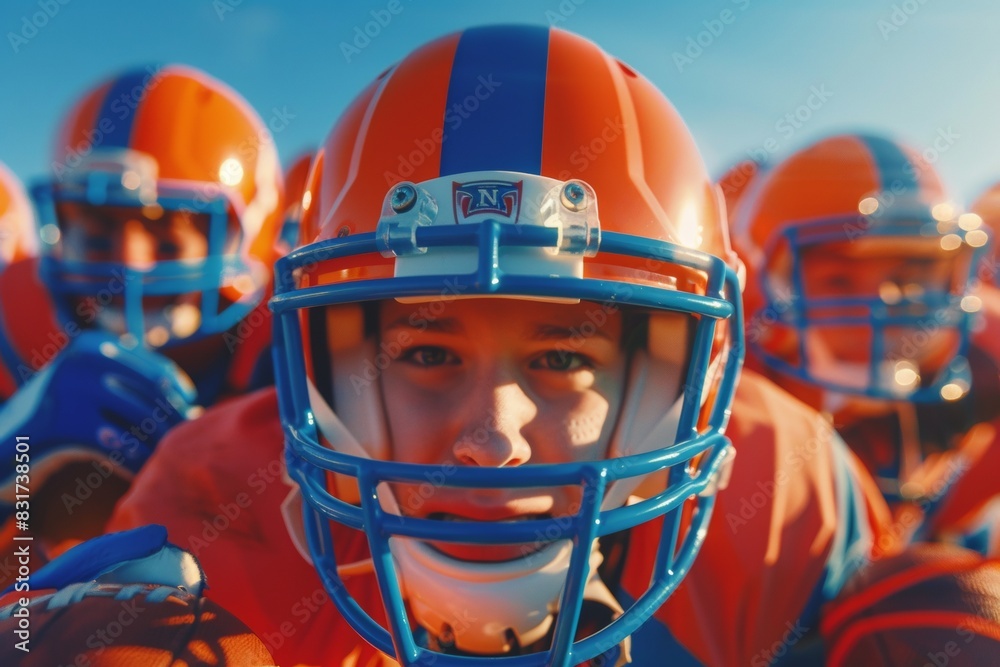 Fototapeta premium Young Caucasian Male Football Player with Teammates in Background, Sunset Practice Session